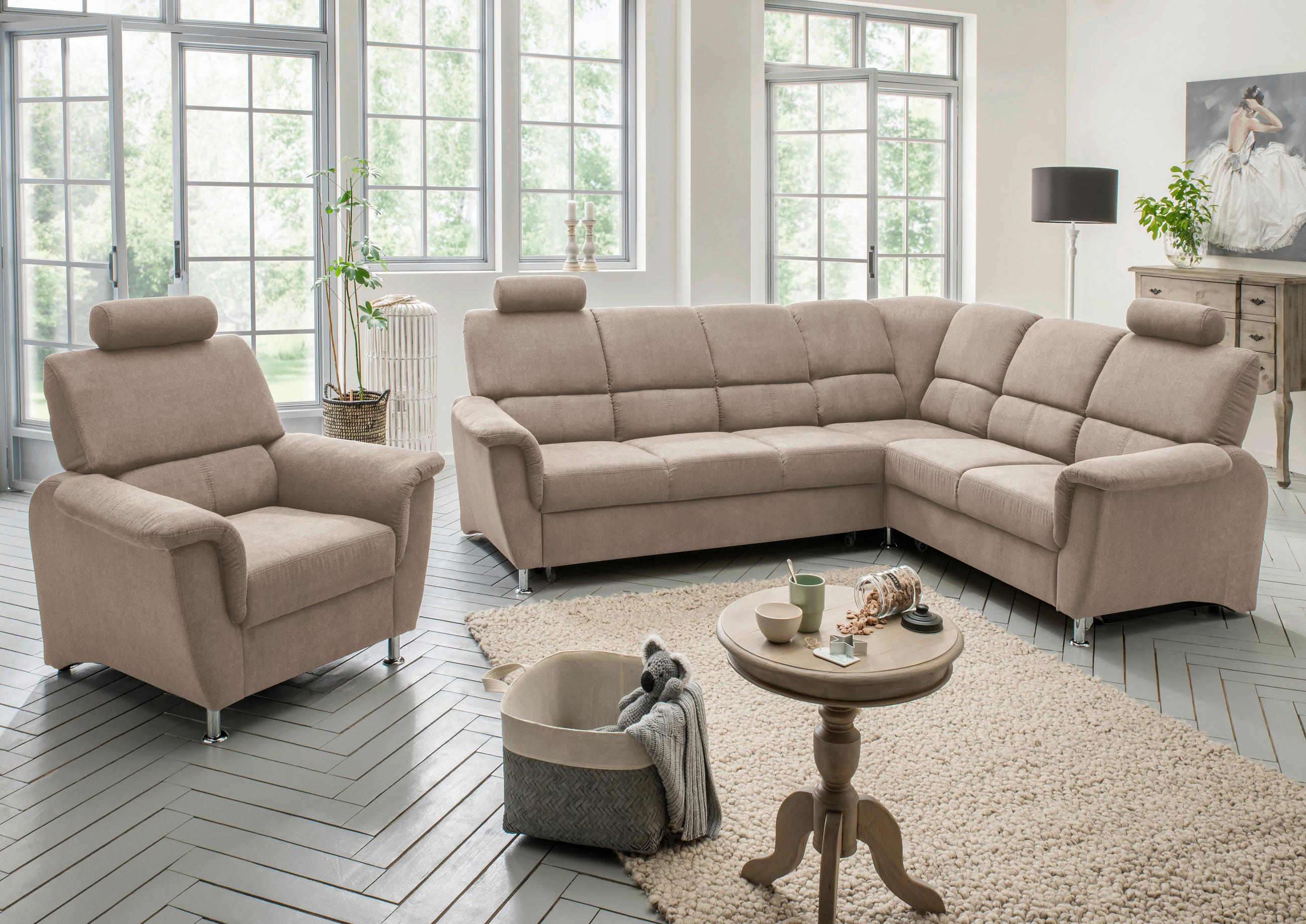 ECKSOFA Taupe Mikrofaser  - Taupe/Chromfarben, KONVENTIONELL, Holz/Textil (271/224cm) - Livetastic