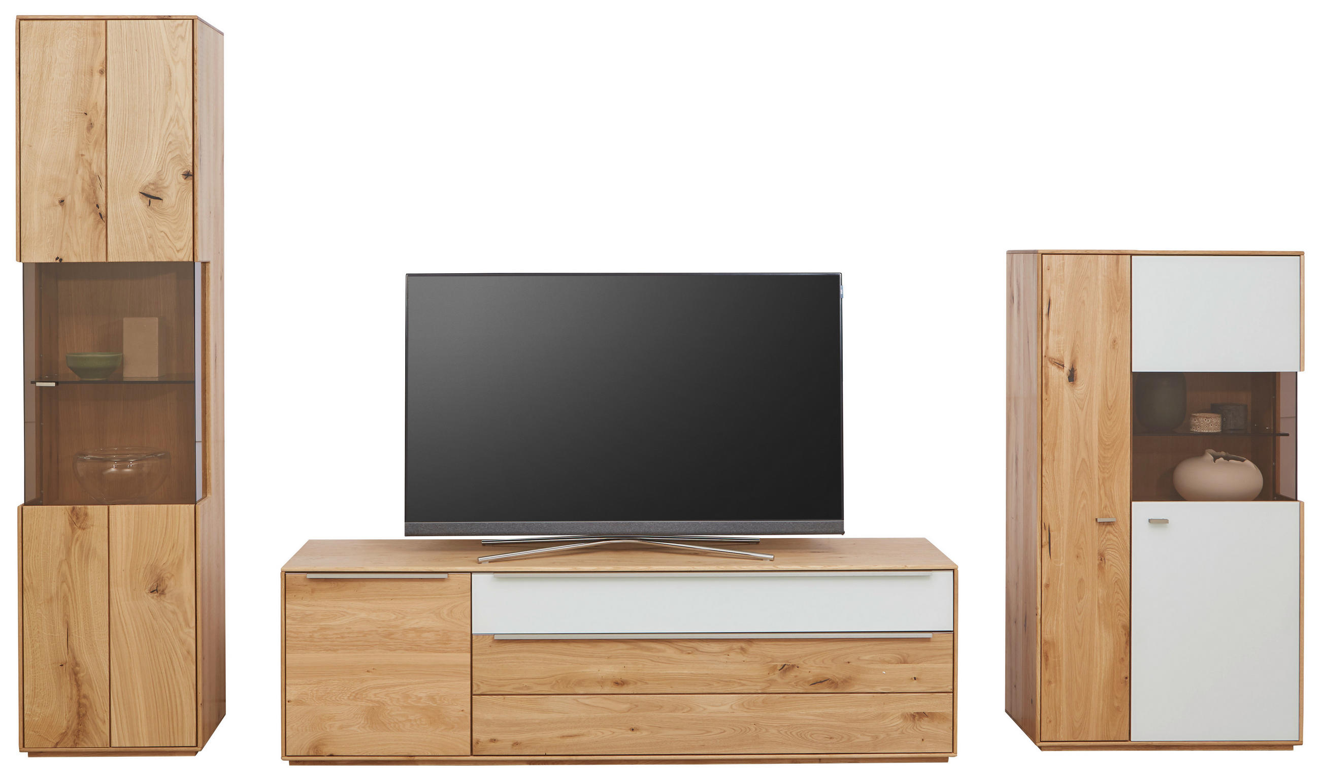 WOHNWAND Eiche furniert, massiv Weiß, Eichefarben Beleuchtung, Einlegeböden  - Eichefarben/Silberfarben, Design, Glas/Holz (330/204/50cm) - Waldwelt