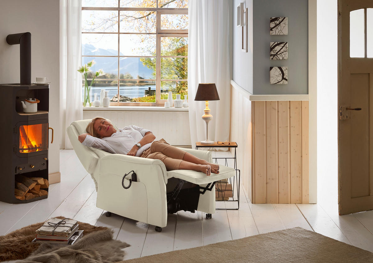 FERNSEHSESSEL Valdera  mit Relaxfunktion, Aufstehhilfe, Rücken echt Echtleder Ecru  - Ecru/Schwarz, KONVENTIONELL, Leder/Kunststoff (70/107/88cm) - Livetastic