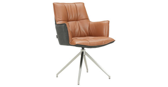 ARMLEHNSTUHL in Edelstahl, Eisen Mikrofaser Echtleder pigmentiert - Edelstahlfarben/Cognac, Design, Leder/Textil (60,5/89,5/63cm) - Novel