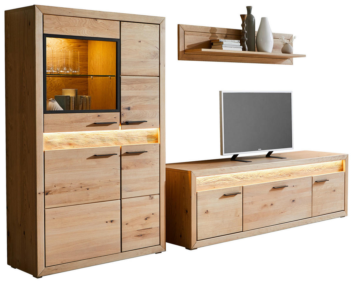 WOHNWAND  in Eichefarben  285/164/49 cm  LED-Leuchtmittel   - Eichefarben/Schwarz, KONVENTIONELL, Glas/Holz (285/164/49cm) - Cantus