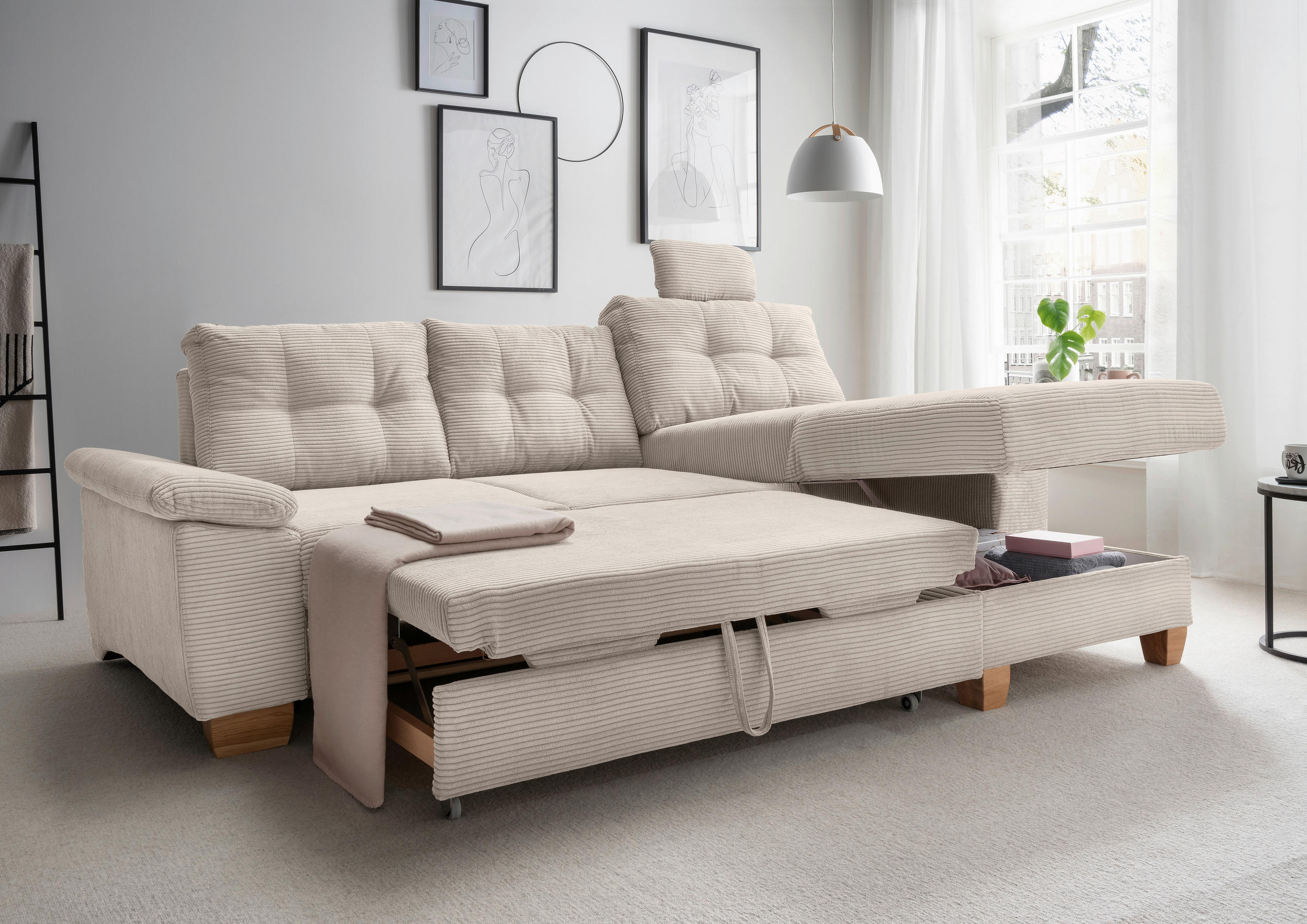 ECKSOFA Beige Cord  - Beige/Naturfarben, MODERN, Holz/Textil (270/176cm) - Livetastic