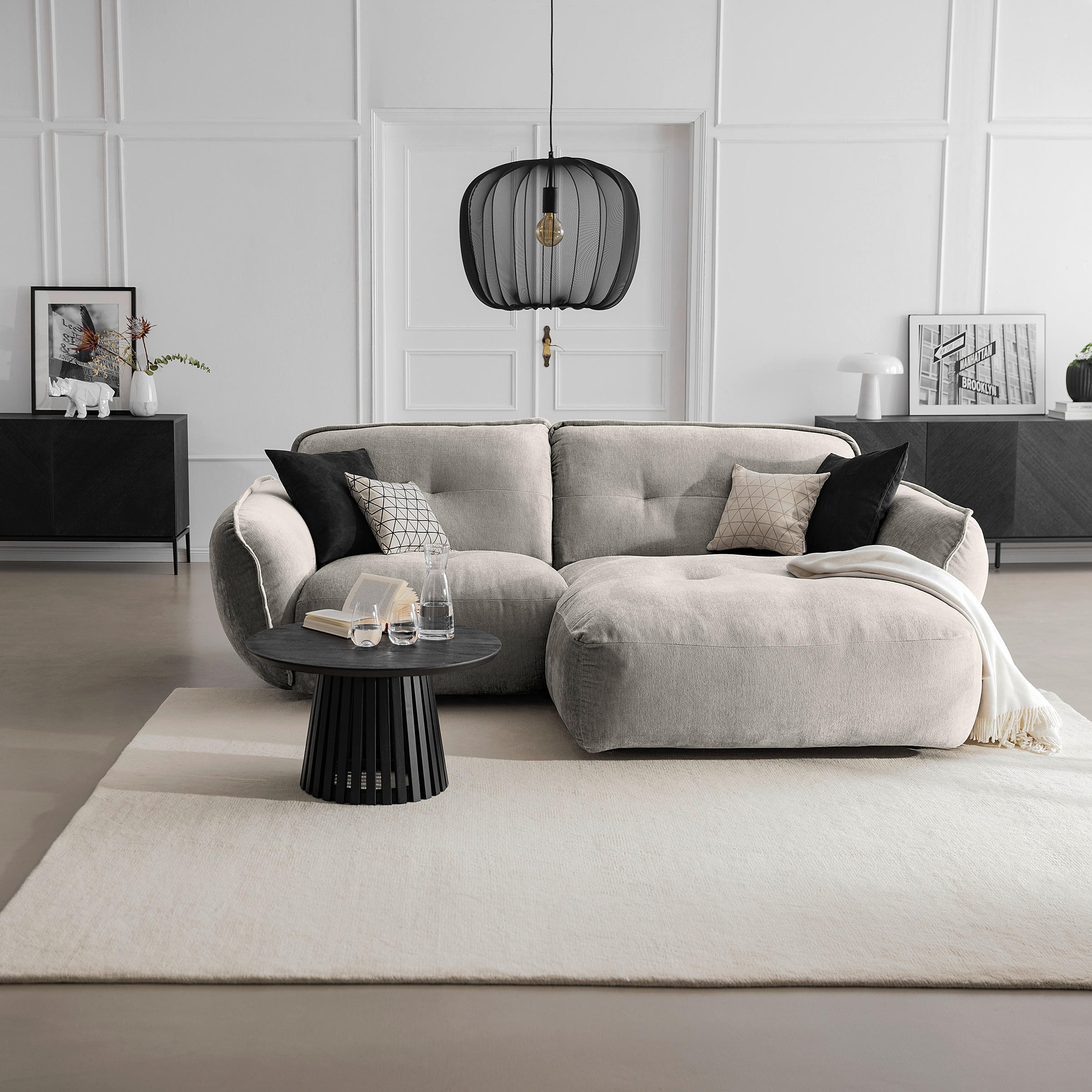 ECKSOFA in Chenille Silberfarben  - Silberfarben/Schwarz, Modern, Kunststoff/Textil (269/184cm) - Trendmanufaktur