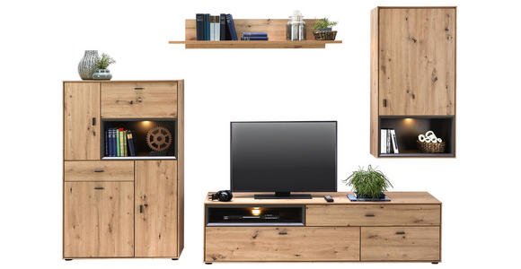 WOHNWAND in Eichefarben - Eichefarben/Schwarz, Design, Holzwerkstoff/Kunststoff (300/180/50cm) - Hom`in