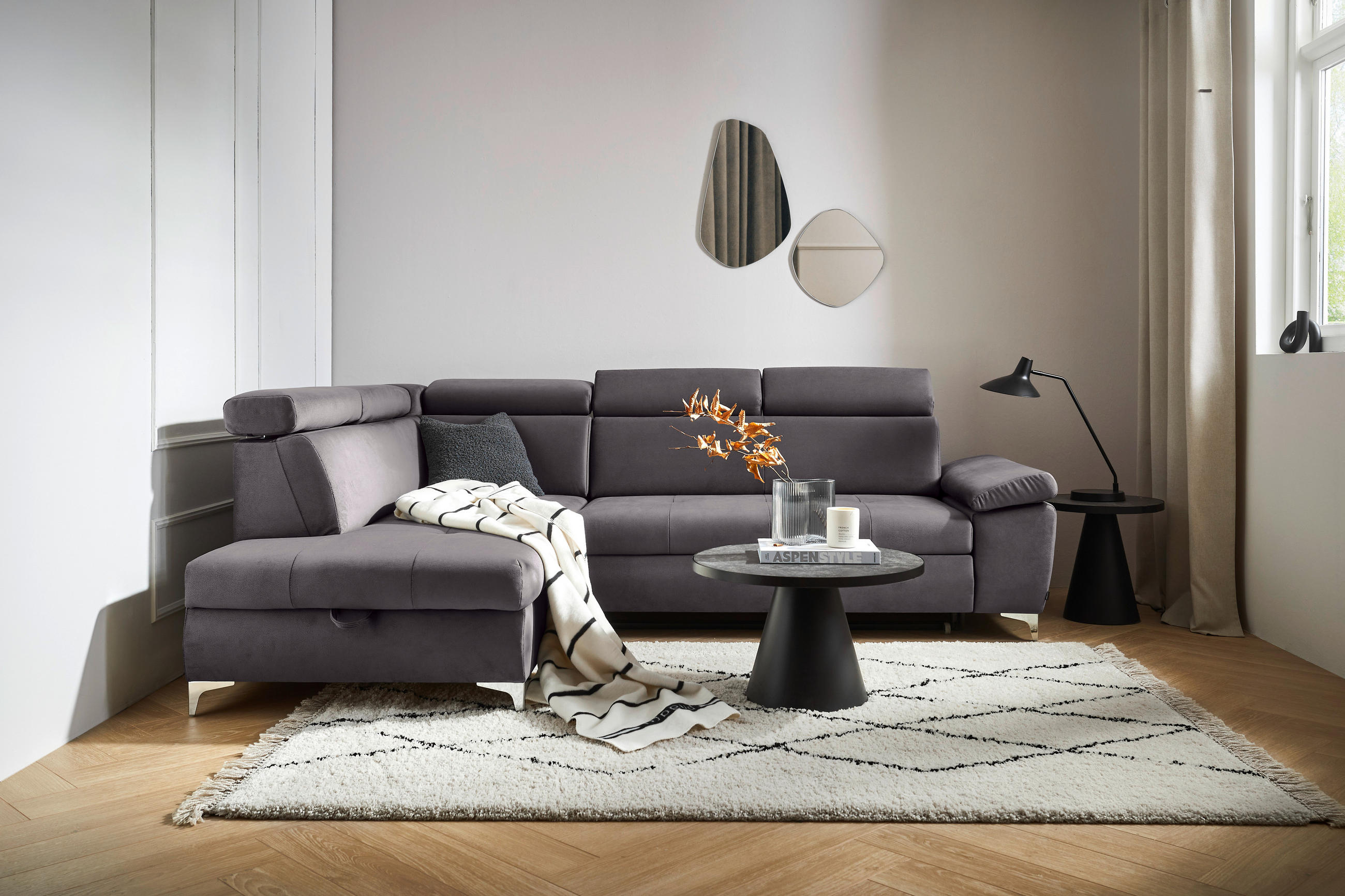 ECKSOFA Grau Samt  - Chromfarben/Grau, KONVENTIONELL, Textil/Metall (206/271cm) - Carryhome