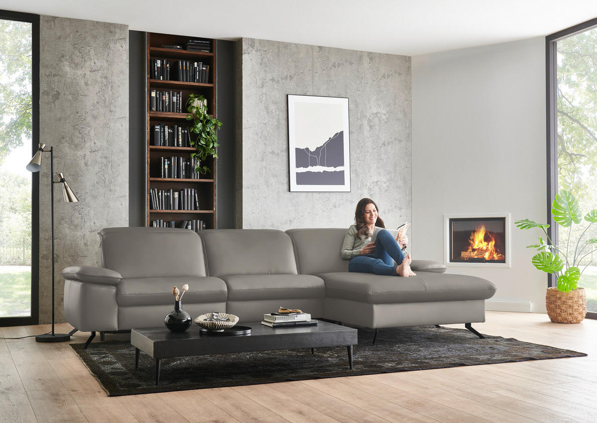 ECKSOFA  Echtleder Grau  - Schwarz/Grau, Design, Leder/Metall (307/169cm) - Beldomo Premium
