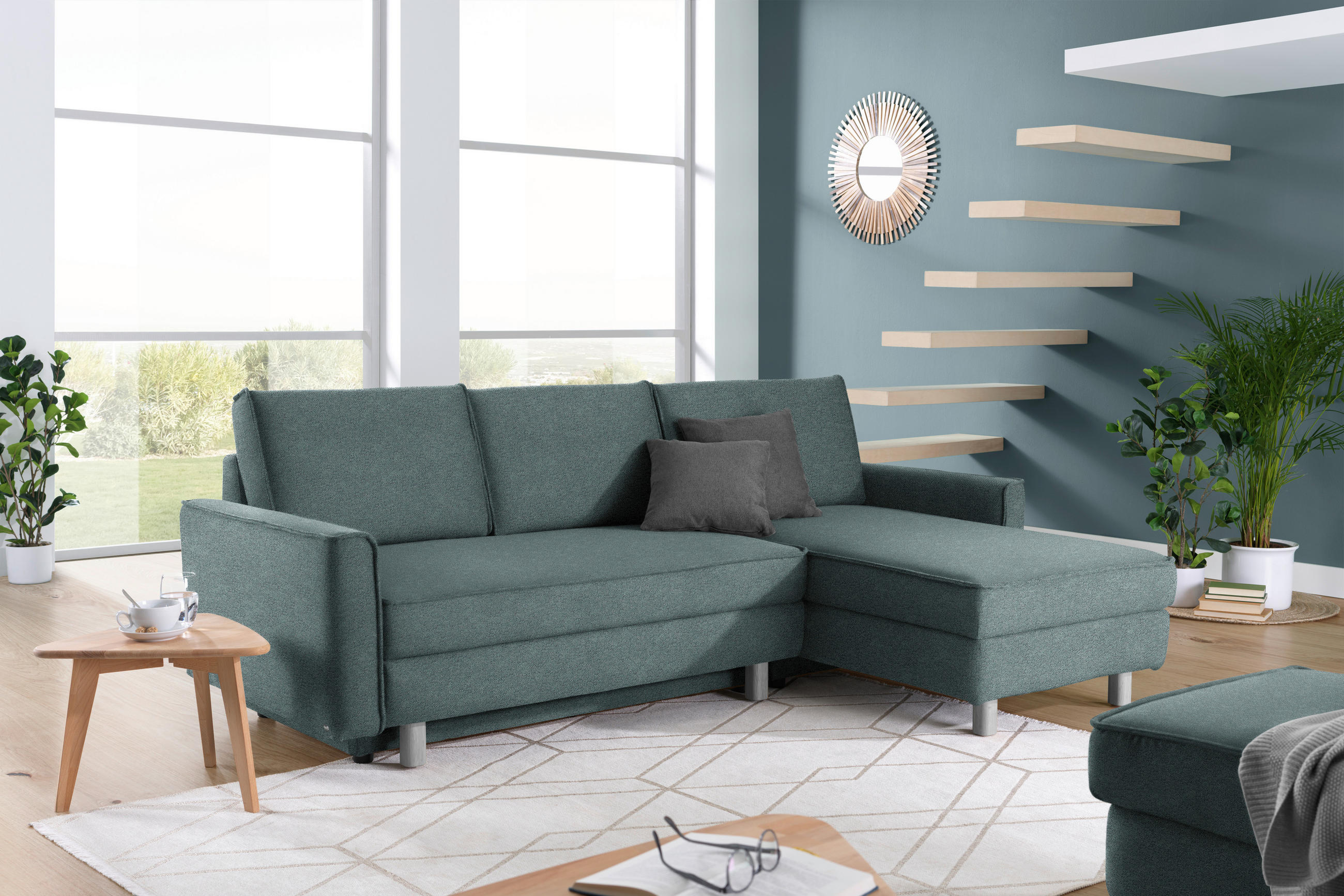 ECKSOFA in Chenille Petrol  237/170 cm  - Eichefarben/Petrol, KONVENTIONELL, Holz/Textil (237/170cm) - Sedda