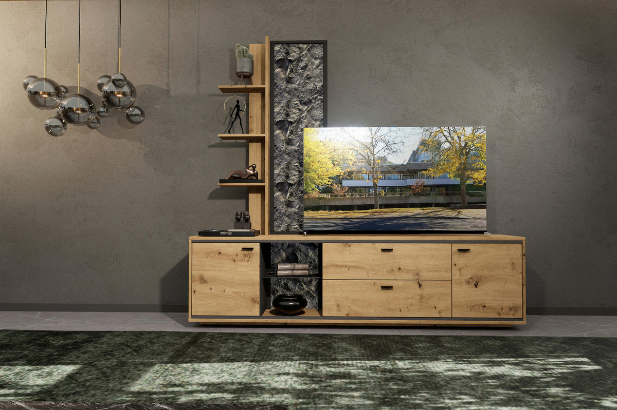 WOHNWAND  in Graphitfarben, Eiche Artisan  220/205/49 cm  - Schwarz/Graphitfarben, Design, Glas/Holzwerkstoff (220/205/49cm) - Cantus