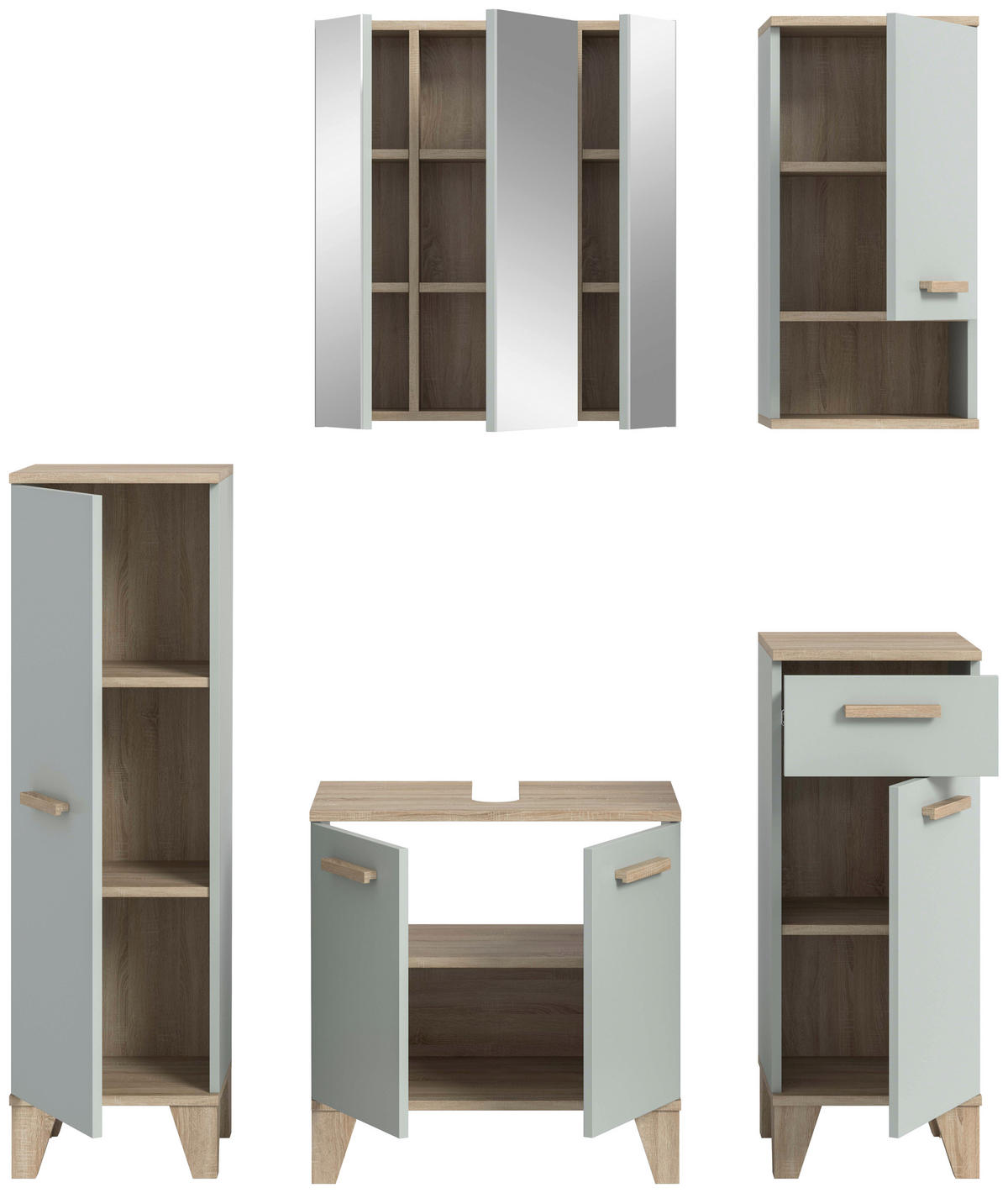 BADEZIMMER 5-teilig 128 cm  - Eiche San Remo/Graugrün, Modern, Holzwerkstoff/Kunststoff (128cm) - MID.YOU