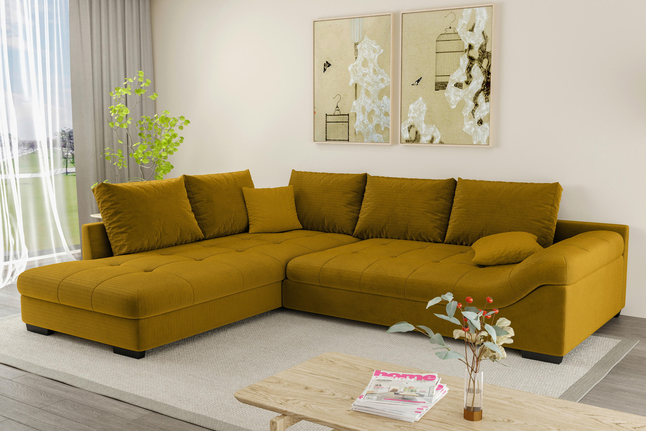 ECKSOFA in Cord Currygelb  - Currygelb/Schwarz, Konventionell, Holz/Textil (202/298cm) - MID.YOU