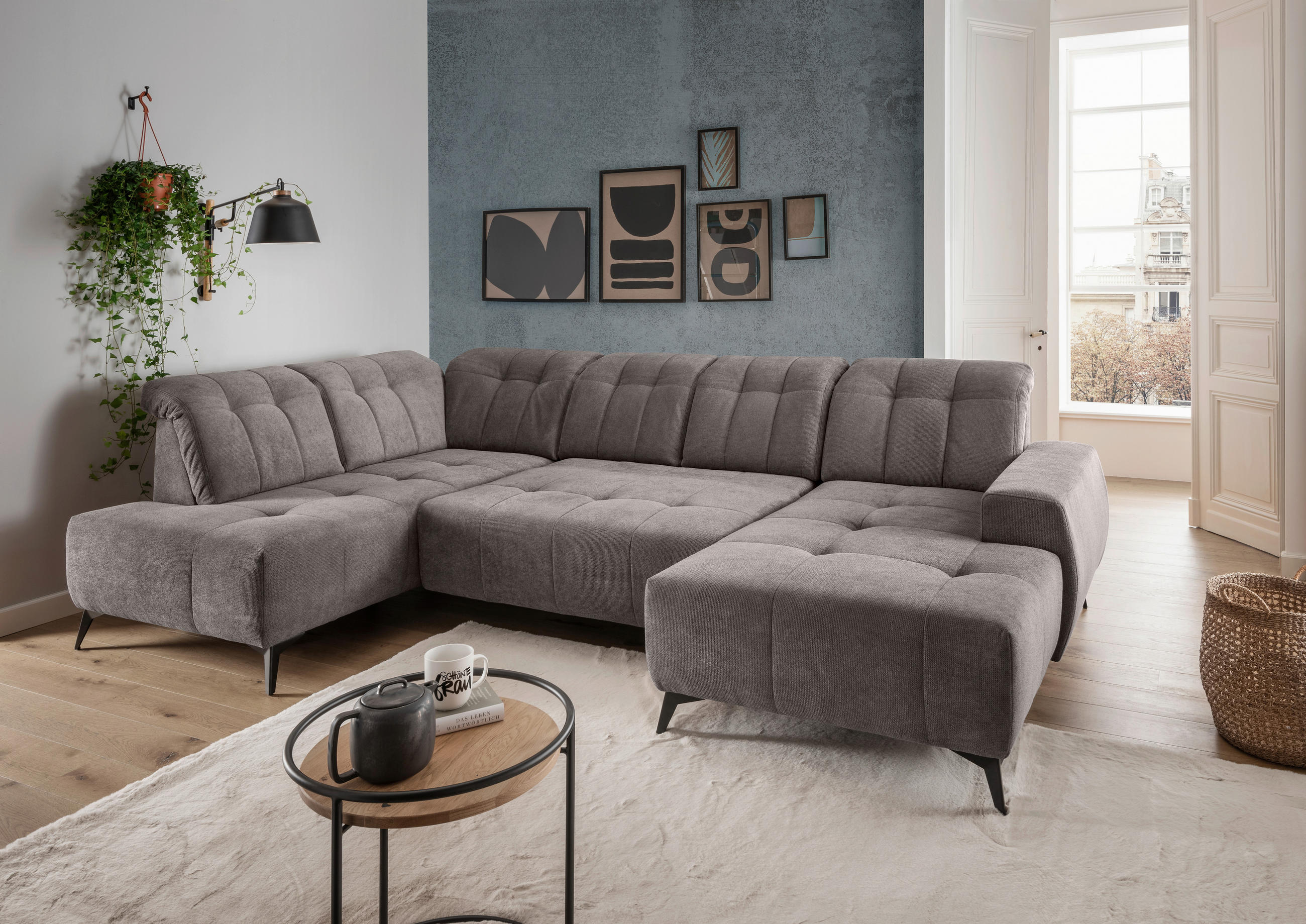 WOHNLANDSCHAFT Chenille Graubraun  - Graubraun/Schwarz, Modern, Textil/Metall (200/337/180cm) - Livetastic