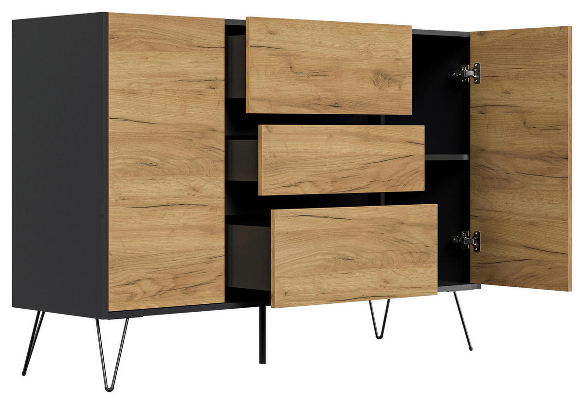 SIDEBOARD Posseik Industrial 140/93,6/42 cm 3 Schublade(n)  - Eichefarben/Graphitfarben, Design, Holzwerkstoff/Metall (140/93,6/42cm) - P & B
