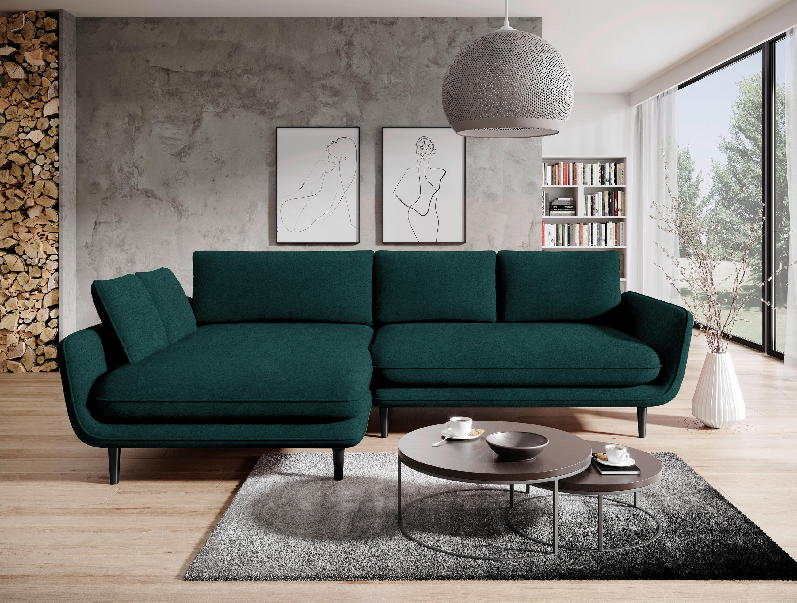 ECKSOFA in Velours Dunkelgrün  - Dunkelgrün/Schwarz, Design, Holz/Textil (167/260cm) - Welnova