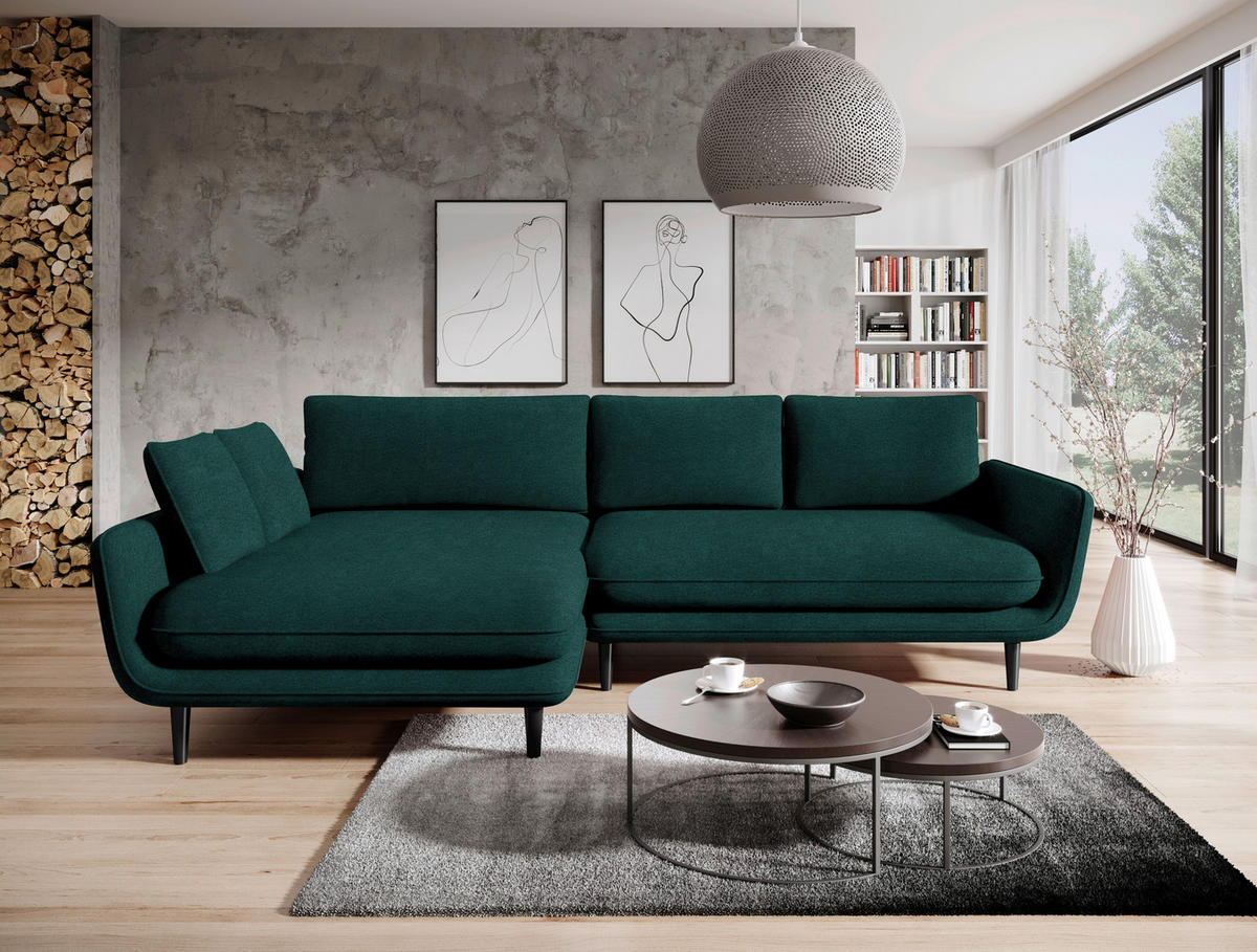 ECKSOFA in Velours Dunkelgrün  - Dunkelgrün/Schwarz, Design, Holz/Textil (167/260cm) - Welnova
