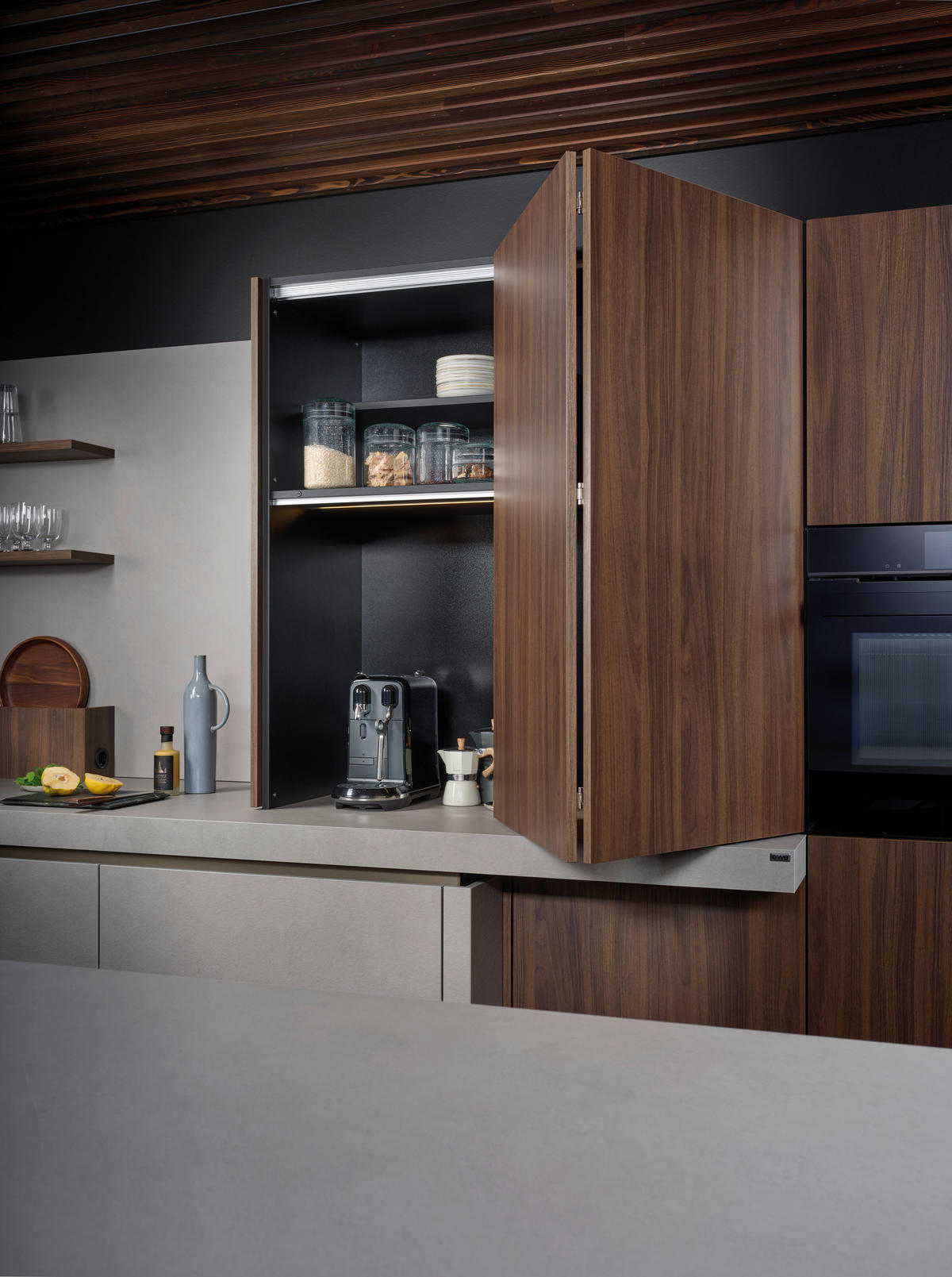 EINBAUKÜCHE   - Dunkelbraun/Hellgrau, Basics, Holzwerkstoff - EWE