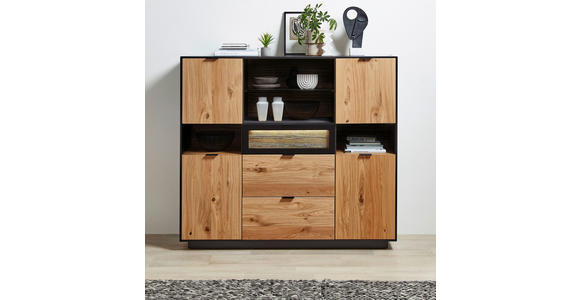 HIGHBOARD Schwarz, Eichefarben 145/130/38 cm - Eichefarben/Schwarz, Design, Glas/Holz (145/130/38cm) - Novel