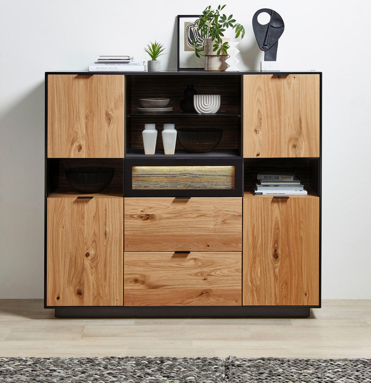 HIGHBOARD Schwarz, Eichefarben  145/130/38 cm  - Eichefarben/Schwarz, Design, Glas/Holz (145/130/38cm) - Novel