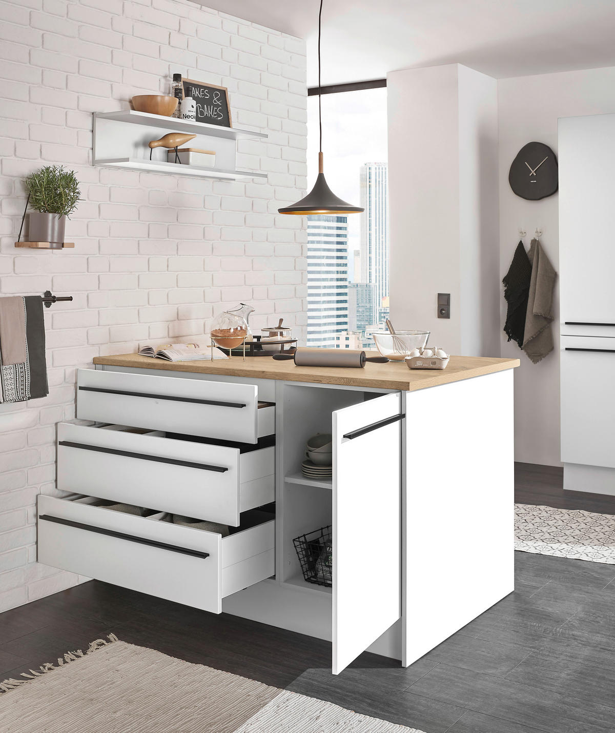 KÜCHENINSEL 145/90/90 cm  in Weiß, Eichefarben  - Eichefarben/Schwarz, Design, Holzwerkstoff/Kunststoff (145/90/90cm) - MID.YOU