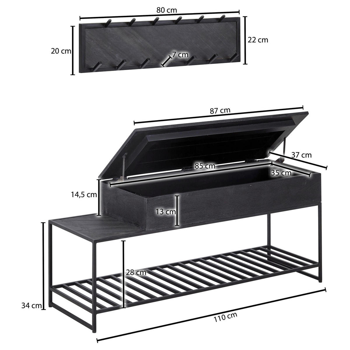 GARDEROBE 2-teilig  in 110/70,5/37 cm  - Schwarz, MODERN, Holz (110/70,5/37cm) - MID.YOU