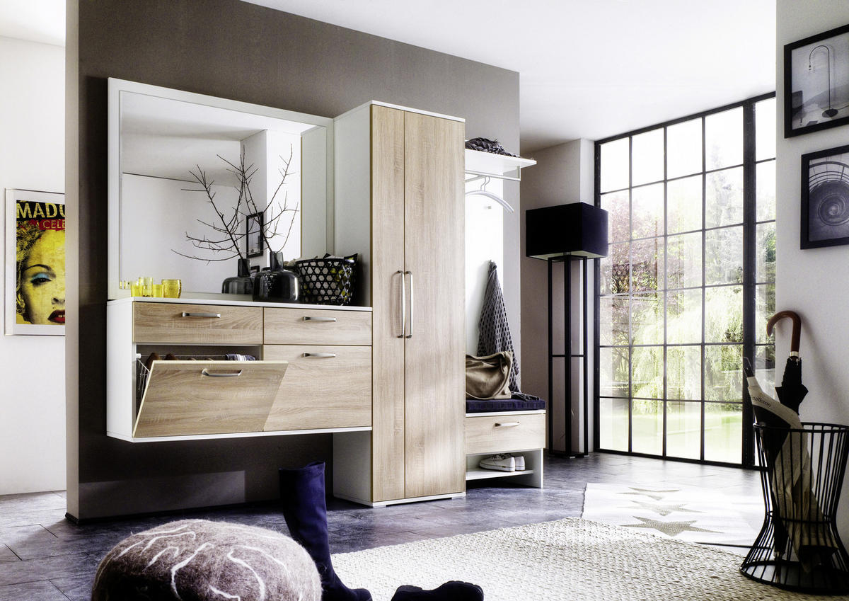 GARDEROBE 6-teilig  in 242/201/36 cm  - Weiss/Eichefarben, Design, Glas/Holzwerkstoff (242/201/36cm) - Moderano
