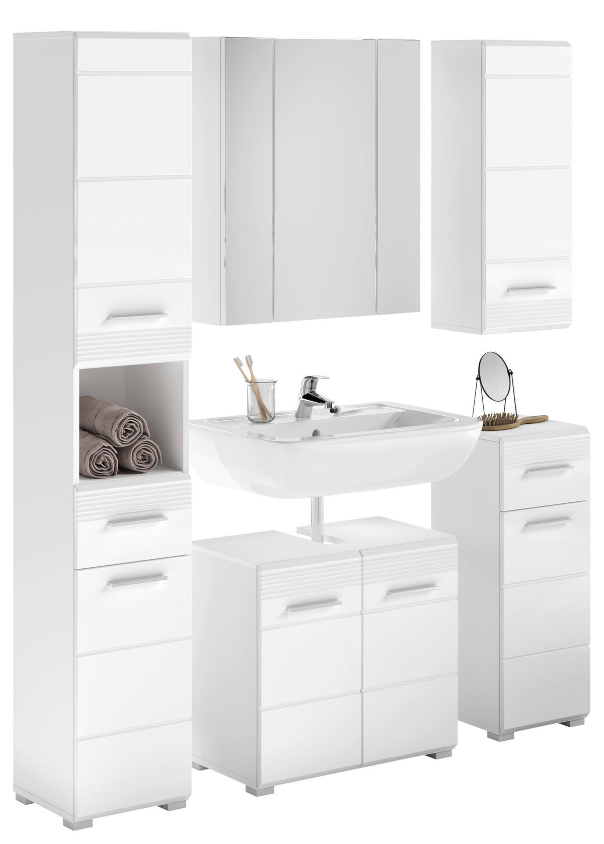 BADEZIMMER 5-teilig  in 120 cm  - Weiß Hochglanz/Silberfarben, MODERN, Glas/Holzwerkstoff (120cm) - MID.YOU