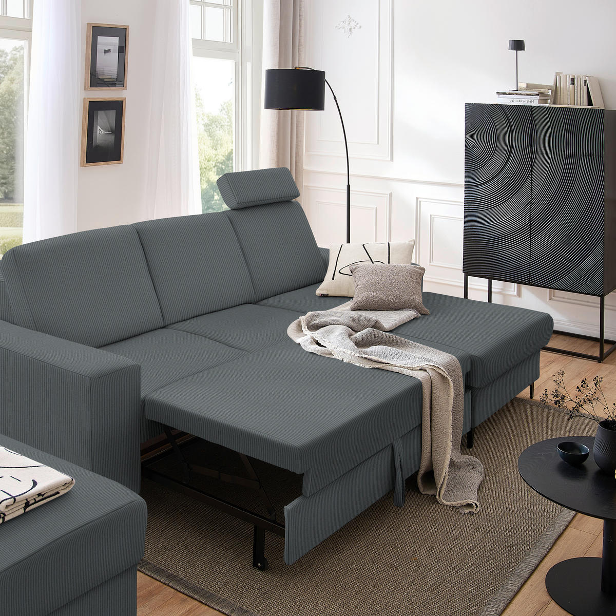 ECKSOFA in Cord Grau  - Schwarz/Grau, Konventionell, Textil/Metall (247/167cm) - Stylife