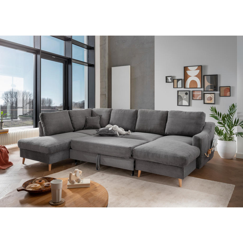 Thumbnail - P & B Wohnlandschaft, Grau, Textil, Buche, Uni, 6-Sitzer, Füllung: Schaumstoff, U-Form, 301x200 cm, Made in EU, Typenaus...