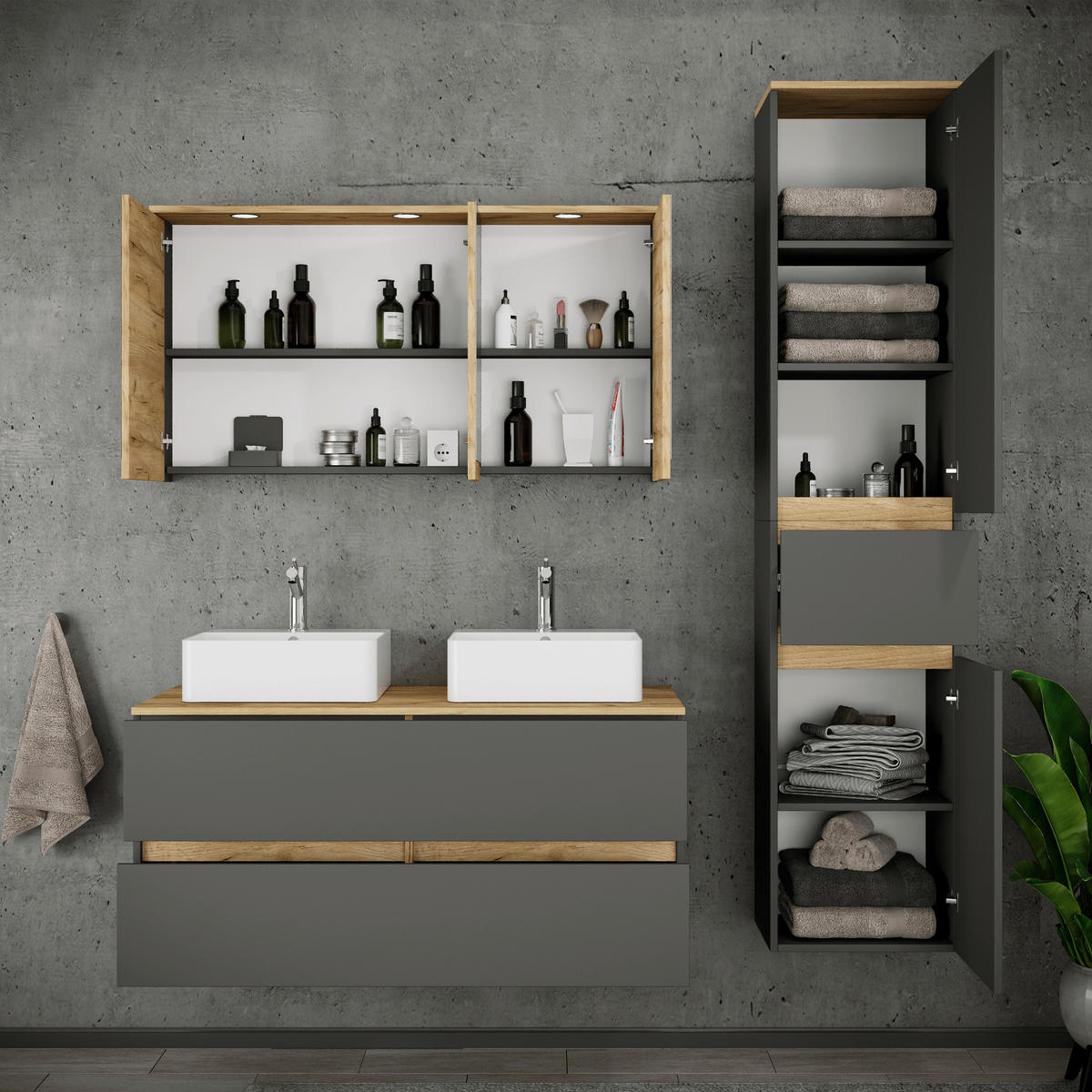 BADEZIMMER 5-teilig  in 151 cm  - Honigeiche/Anthrazit, Trend, Keramik/Holzwerkstoff (151cm) - MID.YOU