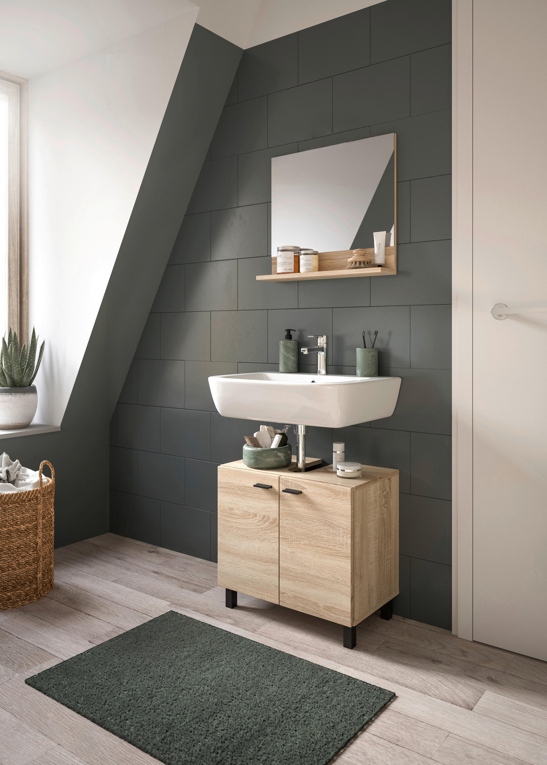 BADEZIMMER 2-teilig  in 57 cm  - Schwarz/Sonoma Eiche, MODERN, Glas/Holzwerkstoff (57cm) - MID.YOU