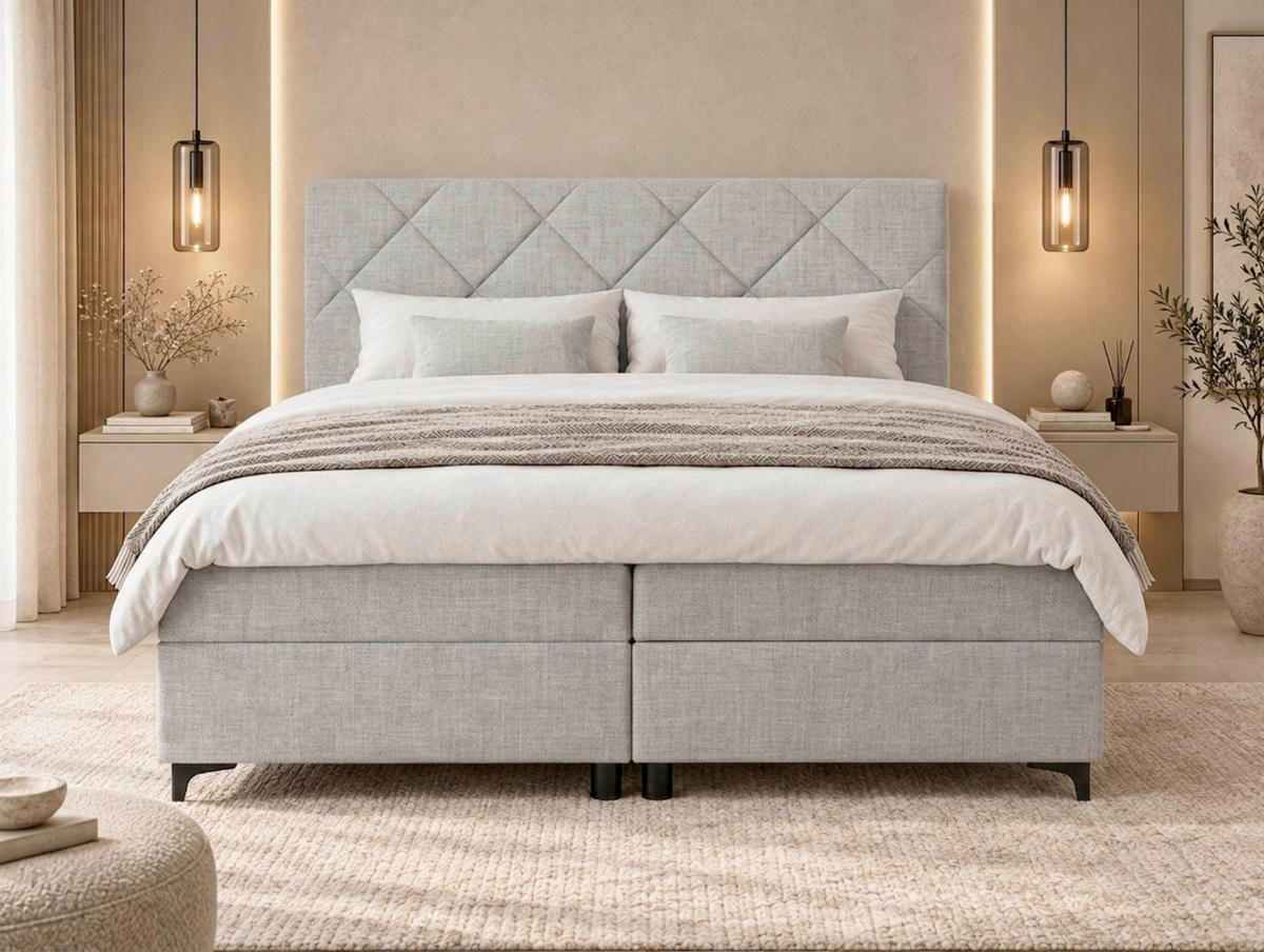BOXBETT 160/200 cm,  in Hellgrau, Bettkasten, Topper, H3 + H3 = fest  - Hellgrau/Schwarz, MODERN, Holz/Textil (160/200cm) - MID.YOU