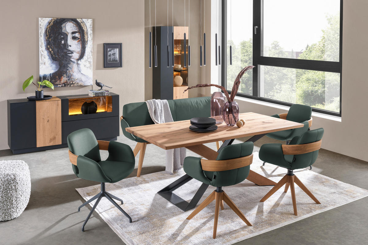 ARMLEHNSTUHL  Lederauswahl, Stoffauswahl, Typenauswahl, Sitzfläche 360° drehbar, automatische Rückholfunktion  Echtleder  - Dunkelgrün/Eichefarben, Natur, Leder/Holz (60/86/60cm) - Valnatura