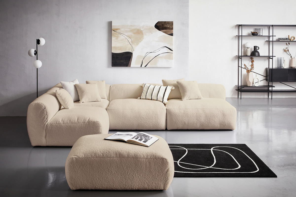ECKSOFA inkl. Hocker in Flachgewebe, Teddystoff Beige  - Beige, Trend, Textil (235/315cm) - Livetastic