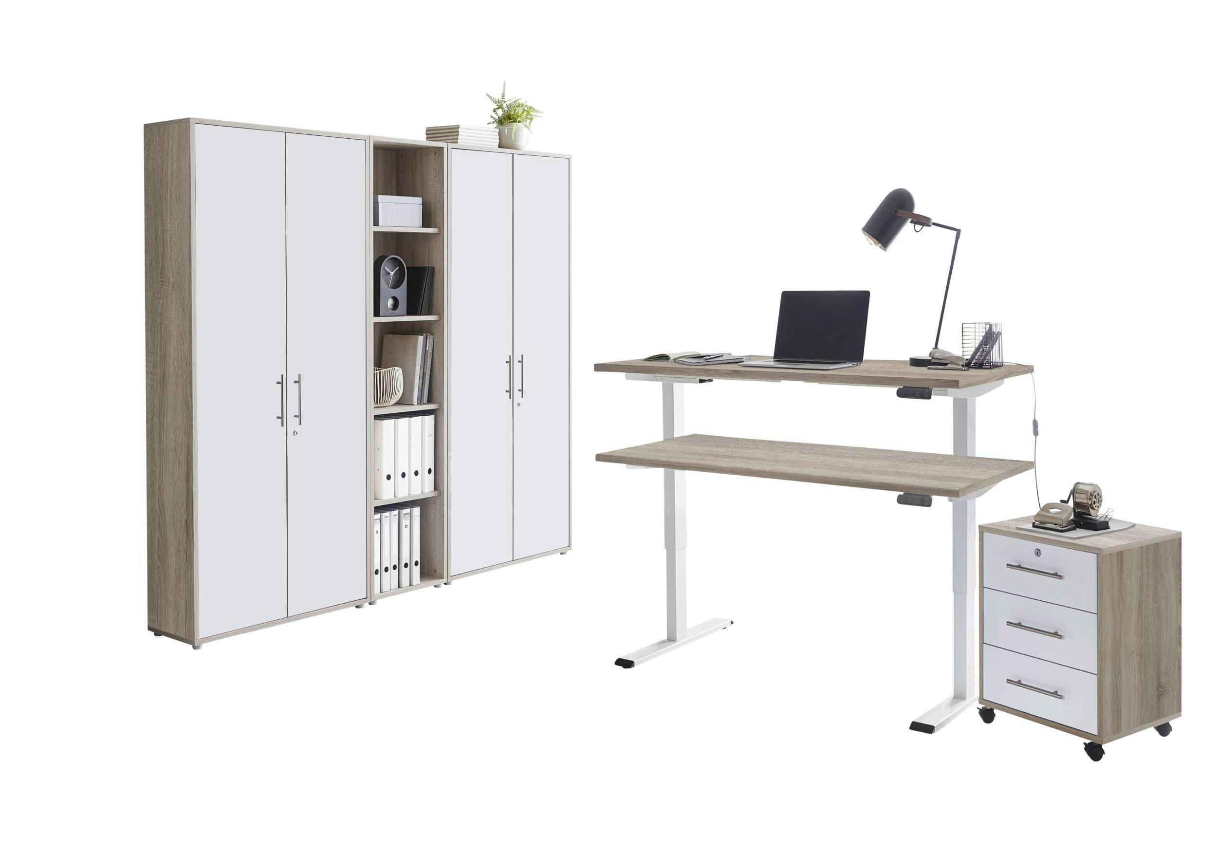 BÜRO erweiterbar, abschließbar Weiß, Sonoma Eiche - Weiß/Sonoma Eiche, MODERN, Holzwerkstoff/Metall - MID.YOU