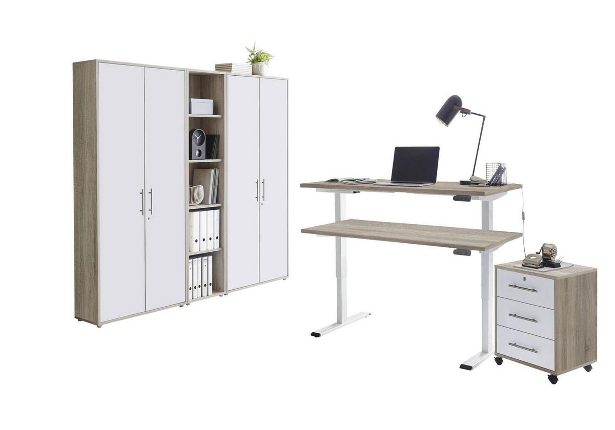 BÜRO erweiterbar, abschließbar Weiß, Sonoma Eiche - Weiß/Sonoma Eiche, MODERN, Holzwerkstoff/Metall - MID.YOU