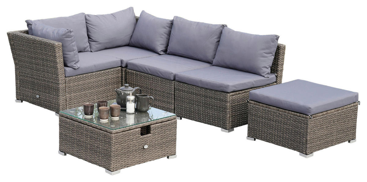 ZAHRADNÍ SEDACÍ SOUPRAVA 14dílné, kov, plast, sklo, textil - šedá, Konvenční, kov/textil (190/40/181cm) - Gardenson