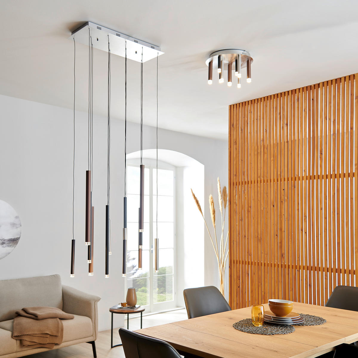 LED-HÄNGELEUCHTE 70/30/180 cm  - Hellbraun/Silberfarben, Design, Kunststoff/Metall (70/30/180cm) - Brilliant