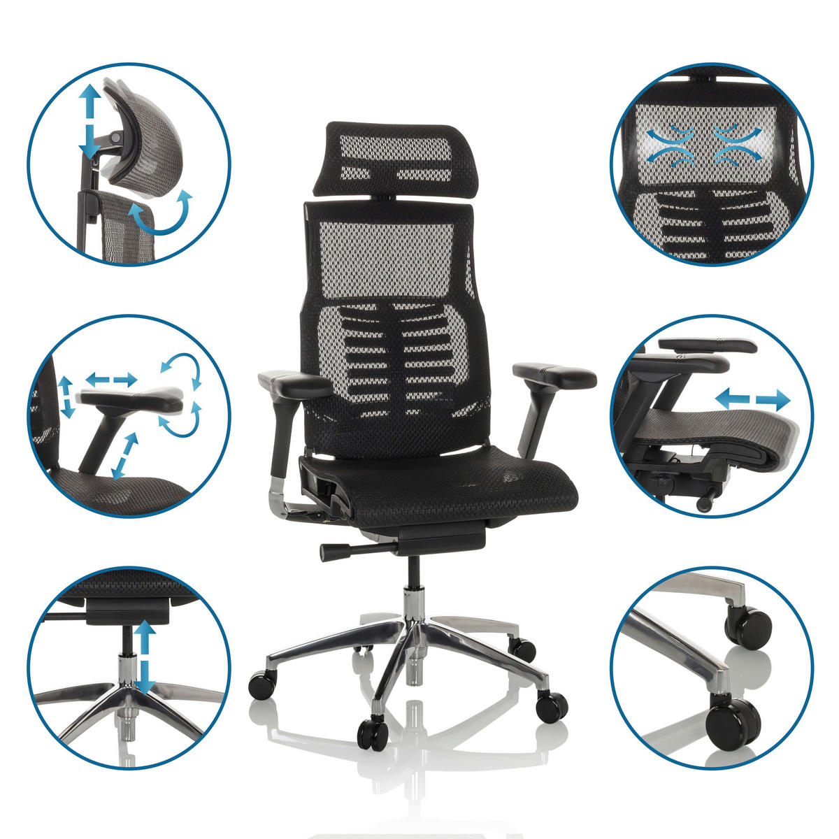 DREHSTUHL Netz Schwarz  - Silberfarben/Schwarz, Basics, Kunststoff/Textil (67/119-135/60cm) - MID.YOU