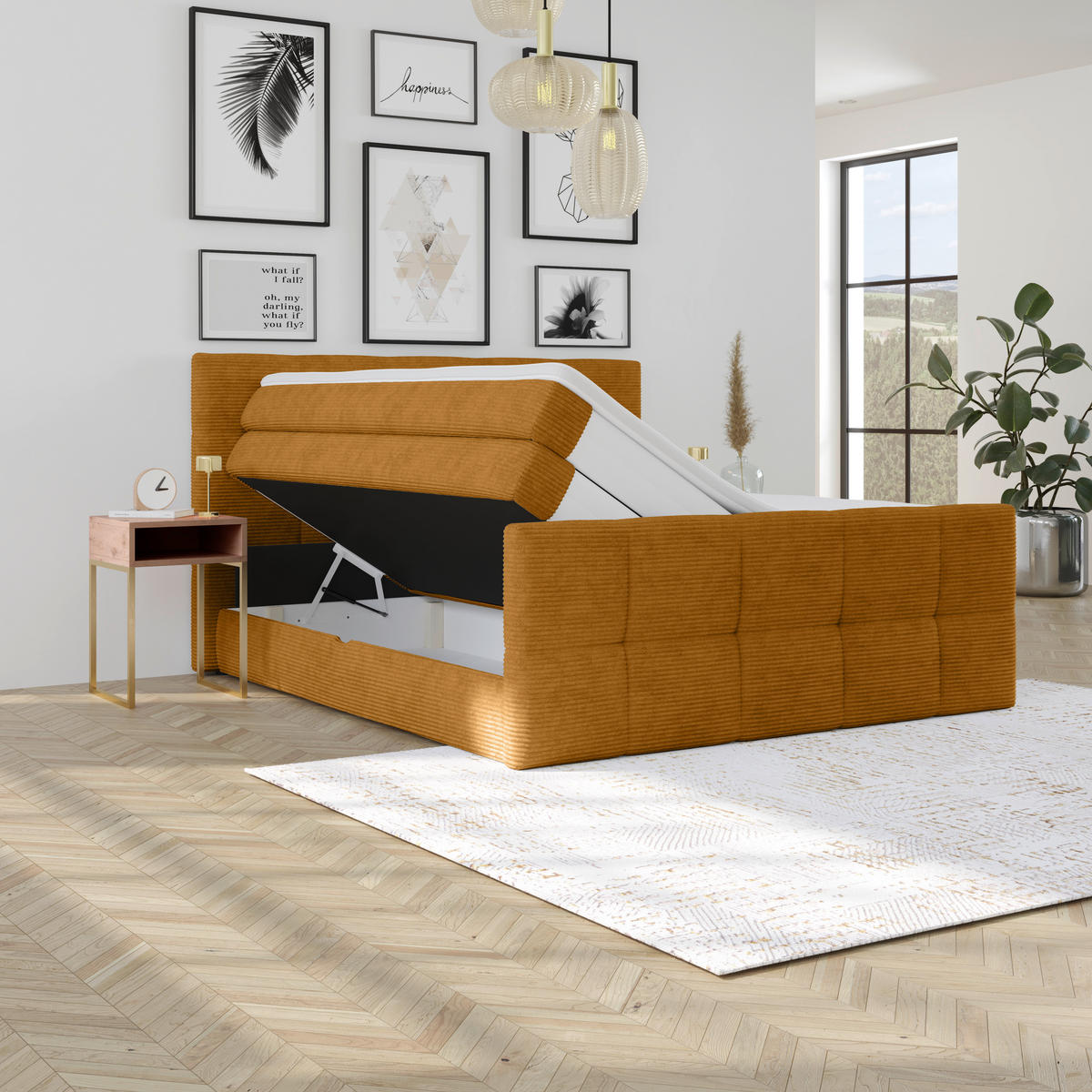 BOXSPRINGBETT 160/200 cm,  in Senfgelb, gepolstertes Kopfteil, Bettkasten, Topper, Matratzen, H2 + H2 = mittel  - Senfgelb, KONVENTIONELL, Holz/Holzwerkstoff (160/200cm)