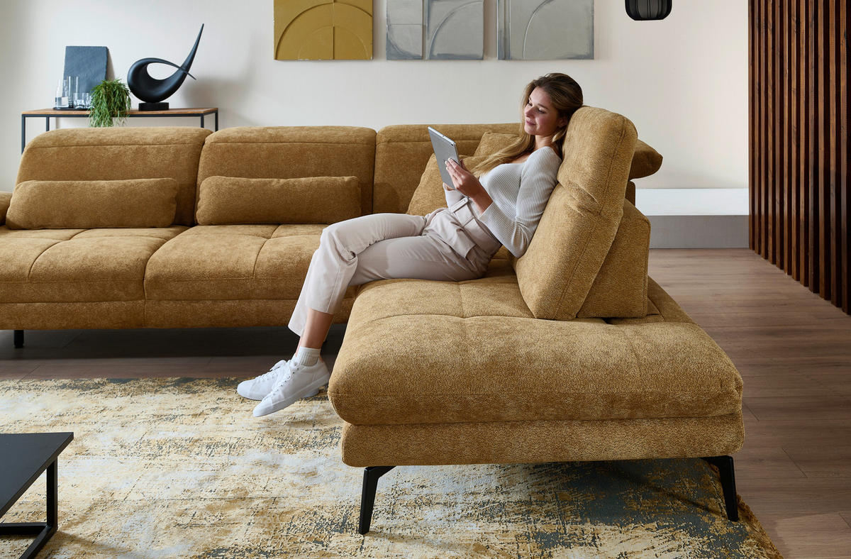 ECKSOFA Beldomo System Dunkelgelb Chenille Rücken echt, Kopfteilverstellung  - Dunkelgelb/Schwarz, Design, Textil/Metall (311/235cm) - Beldomo System