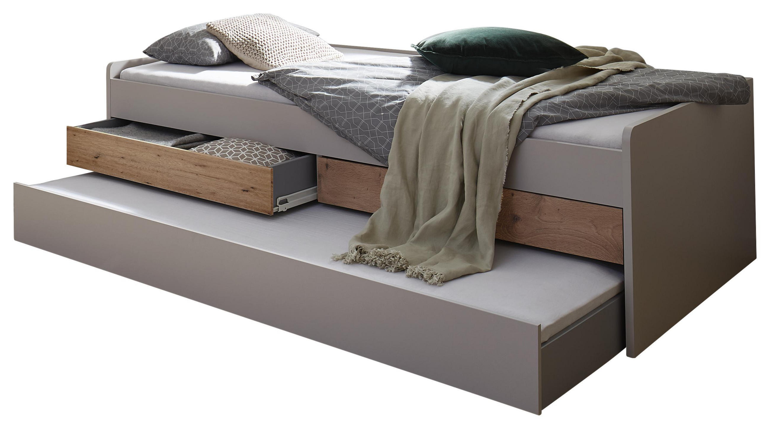 Ausziehbett 120/200 cm in Eichefarben, Hellgrau