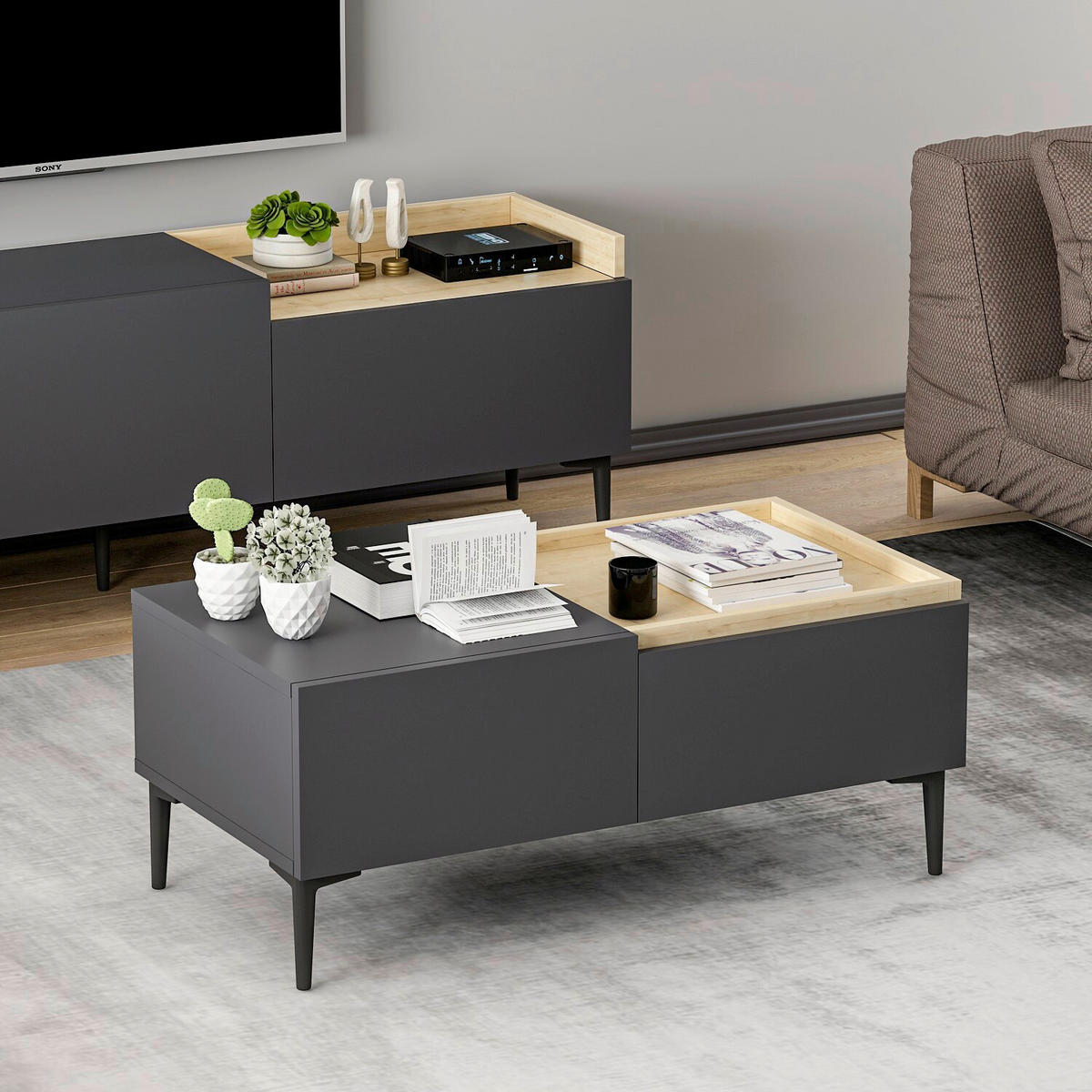 COUCHTISCH Holzwerkstoff 92/45/39 cm   - Eichefarben/Anthrazit, Design, Holzwerkstoff/Metall (92/45/39cm) - Livetastic