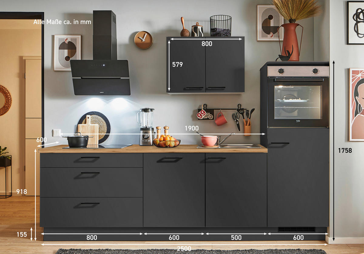 KÜCHENBLOCK PN 80 250 cm  in Graphitfarben, Eichefarben  - Eichefarben/Schwarz, Design, Holzwerkstoff/Metall (250cm) - Pino