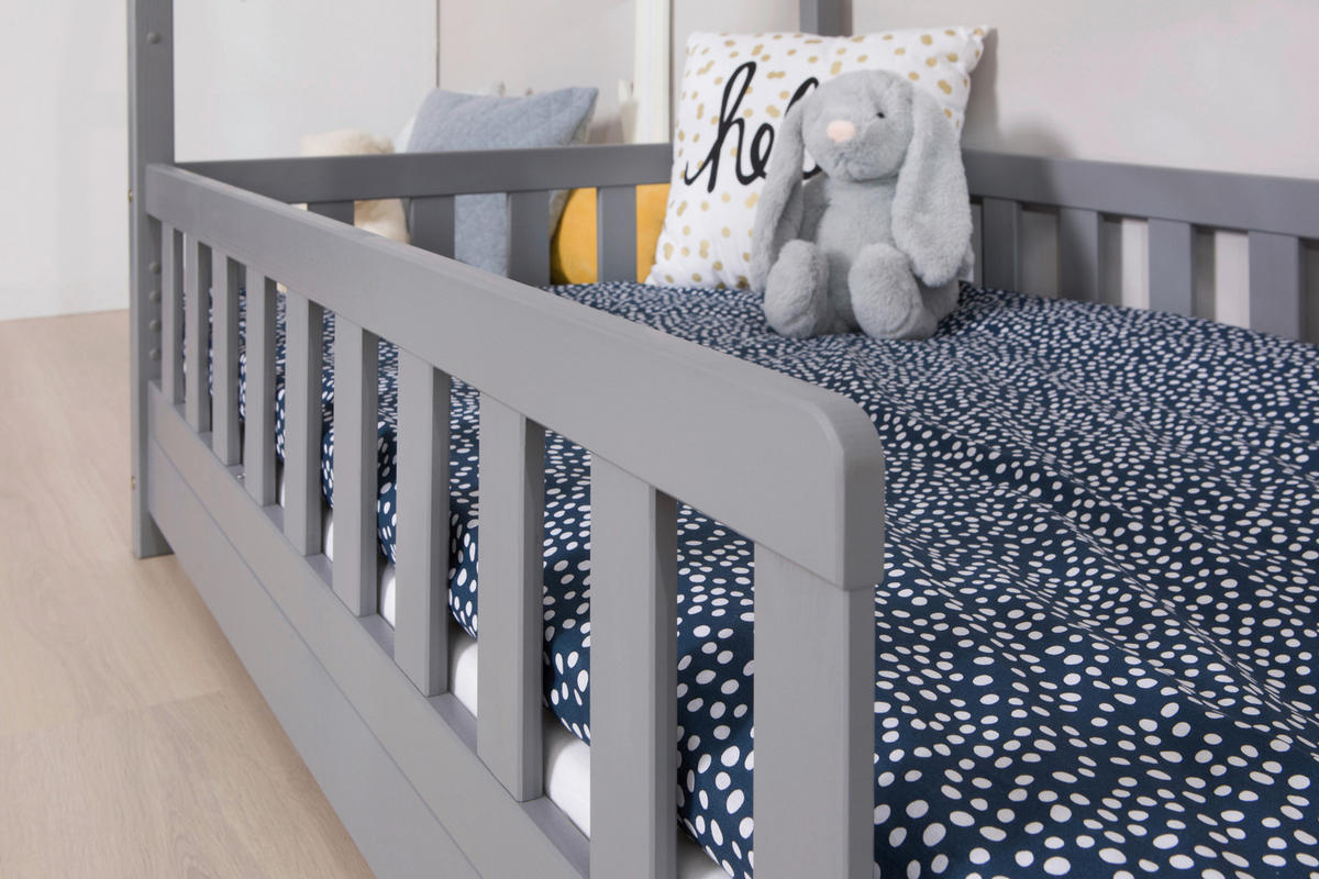 HAUSBETT  in Hellgrau, Absturzsicherung, Matratze, Rollrost, Bettkasten  - Hellgrau/Weiß, MODERN, Holz/Textil (90/200cm) - MID.YOU