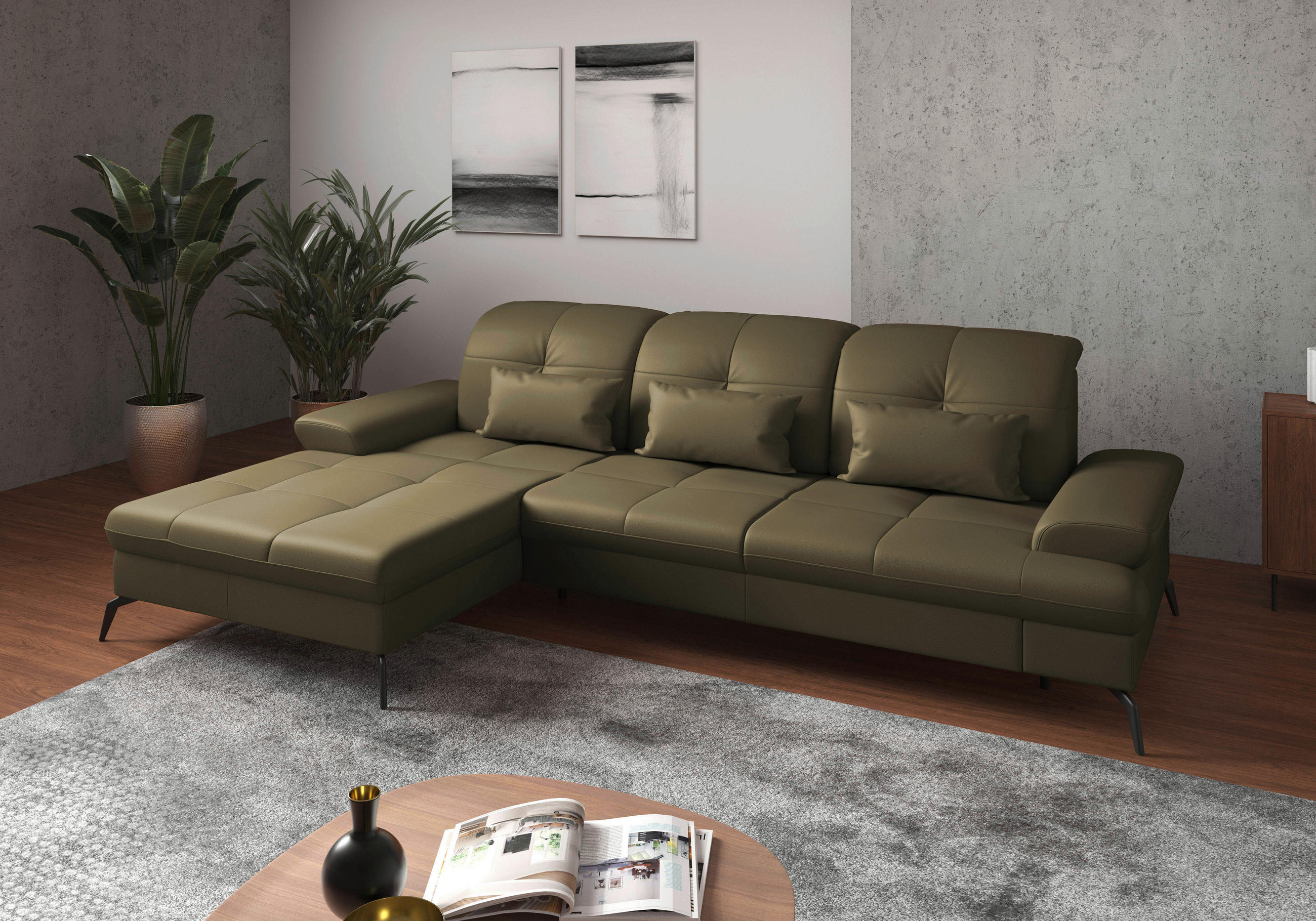 ECKSOFA in Vliesstoff Kombination Echtleder/Stoff Olivgrün  - Schwarz/Olivgrün, Konventionell, Leder/Textil (185/279cm) - Sit & More