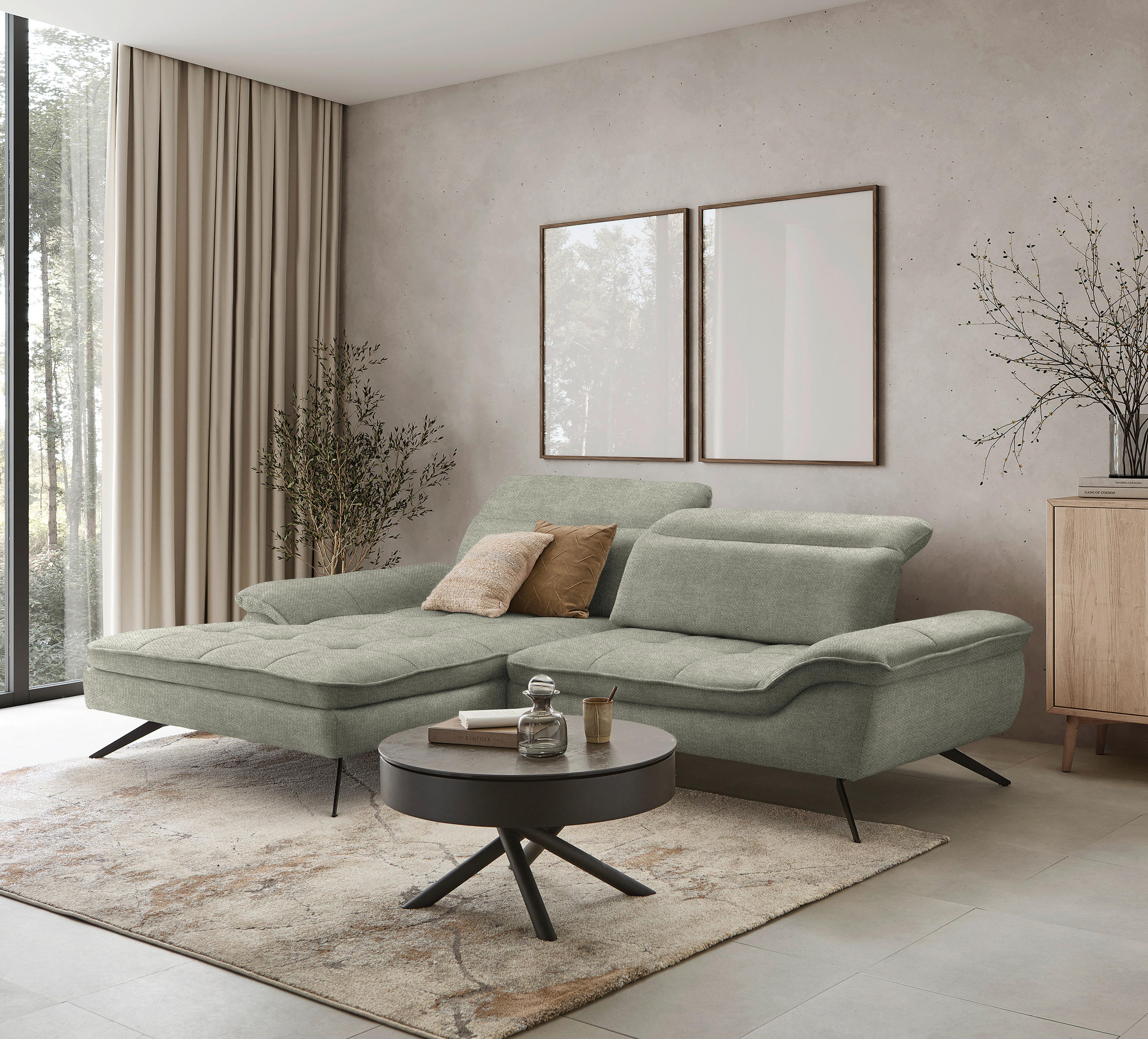 ECKSOFA in Webstoff Greige  179-202/288 cm  - Greige/Schwarz, Design, Textil/Metall (179-202/288cm) - Stylife