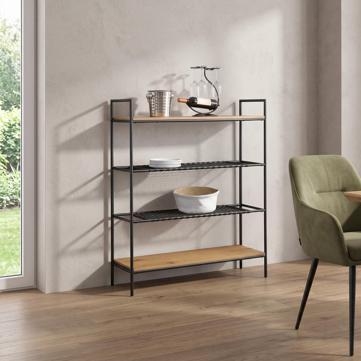 Etajeră, 110/129/34 cm, culoare natur, negru,  - culoare natur/negru, Design, plastic/metal (110/129/34cm) - Livetastic