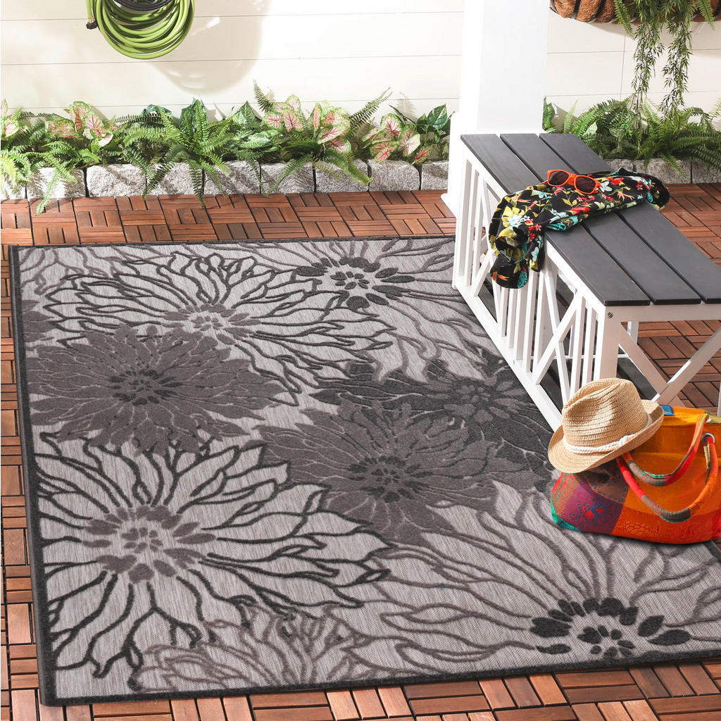 Thumbnail - Novel Outdoorteppich Floral, Grau, Hellgrau, Textil, Blätter, rechteckig, 120x170 cm, Oeko-Tex® Standard 100, pflegeleic...