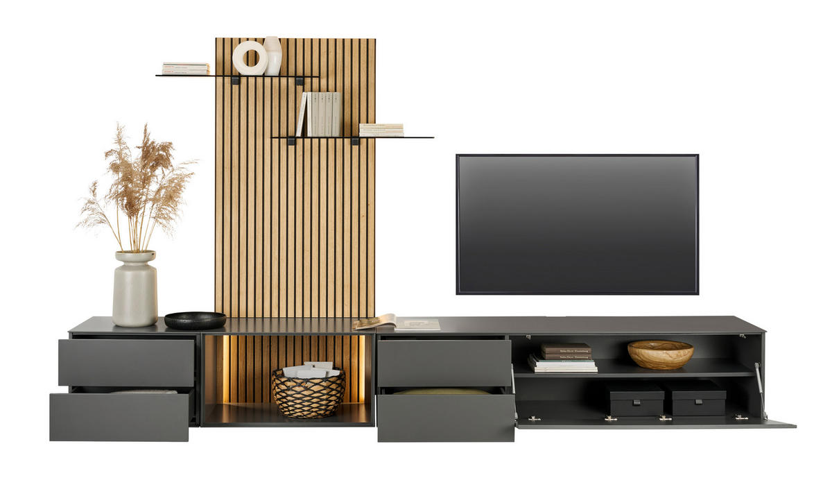 WOHNWAND  in Anthrazit, Eichefarben  321/160/50 cm  - Eichefarben/Anthrazit, Design, Glas/Holz (321/160/50cm) - Dieter Knoll