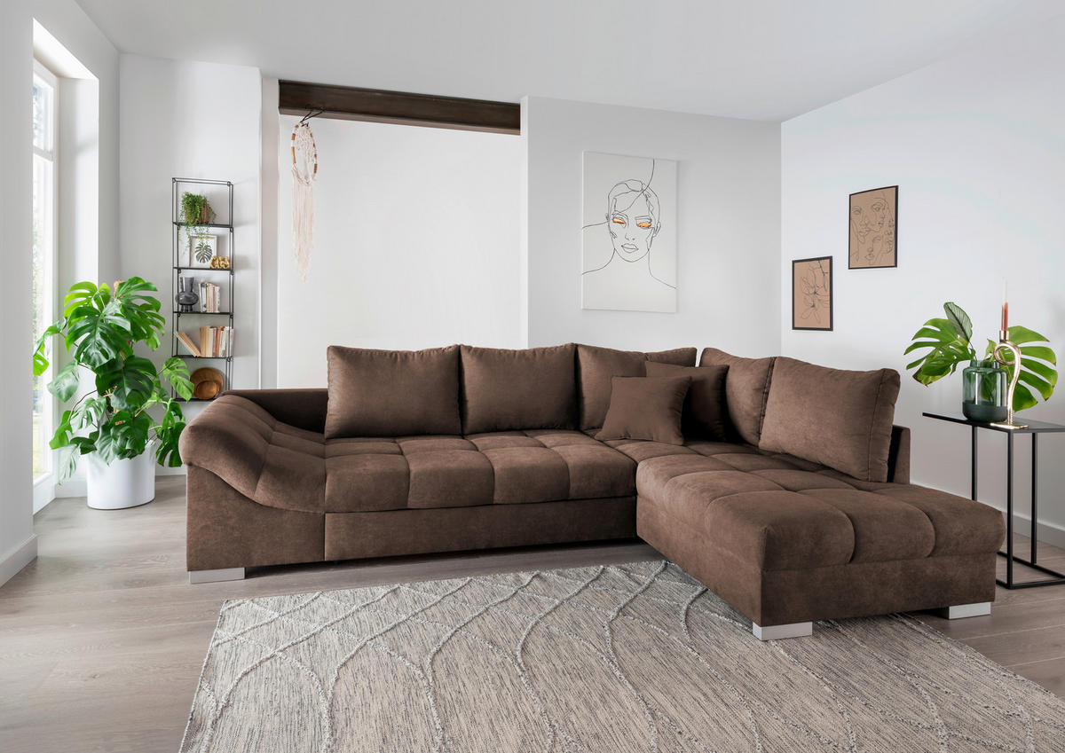 ECKSCHLAFSOFA  in Mikrofaser Braun  - Silberfarben/Braun, Design, Holz/Textil (298/202cm) - MID.YOU