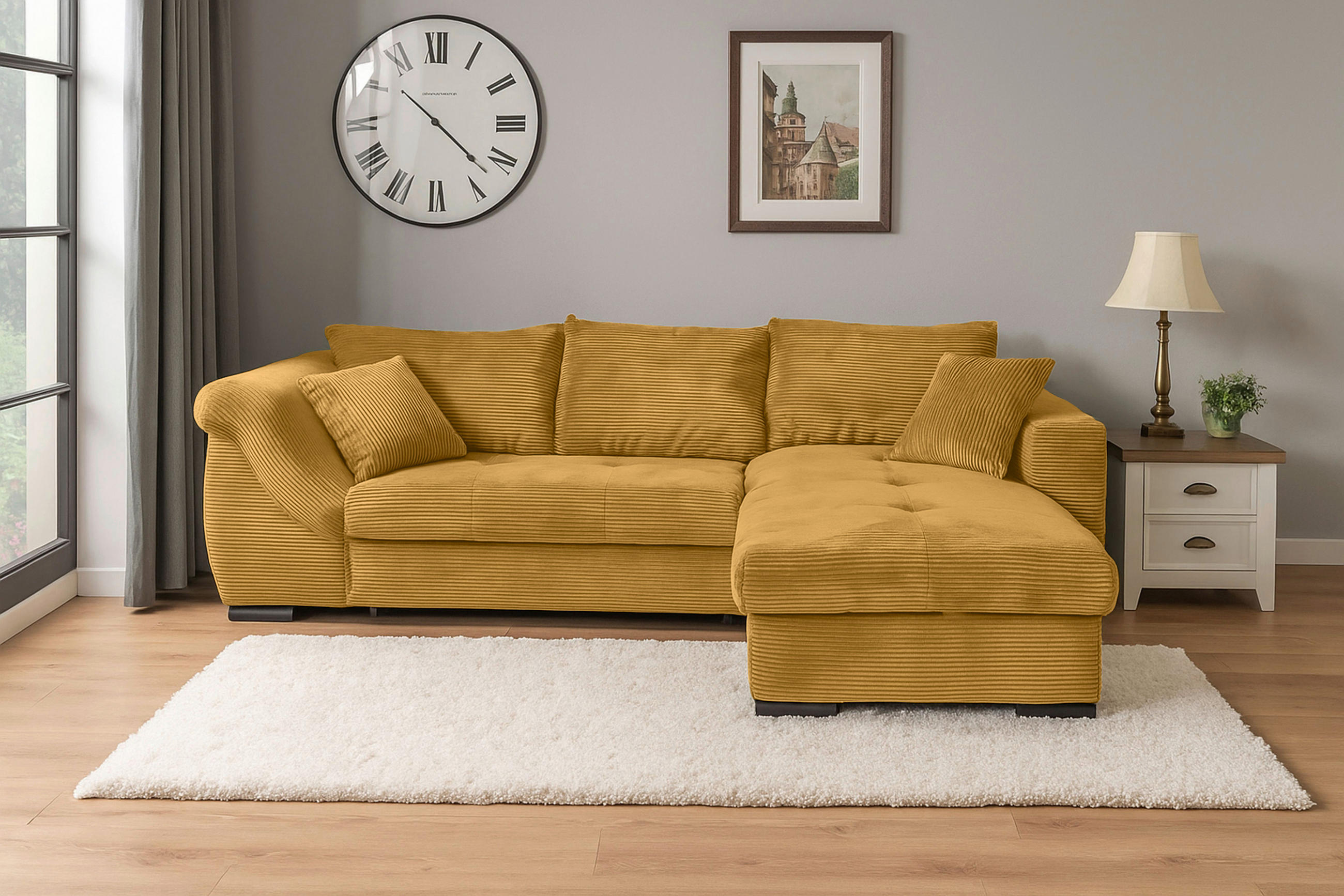 ECKSOFA in Cord Senfgelb  - Senfgelb/Schwarz, KONVENTIONELL, Textil/Metall (258/168cm) - Carryhome